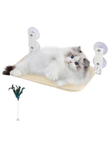 Kailund Cat Window Perch Foldable Cat Window Hammock Saving Space, Breathable Mesh Window Cat Bed with 4 Suction Cups Cat Hammock with Teaser Stick Holding up to 33 LB (Beige)