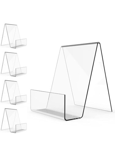BPA Acrylic Book Stand with Ledge,Clear Acrylic Display Easel, Clear Tablet Holder for Displaying Pictures,Books,Music Sheets,Notebooks, Artworks, CDs, etc.(5PC Small)