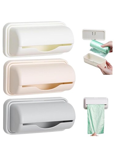 FCYOUO 3 PCS Trash Can Liner Dispenser, Small Bin Liner Kit, Wall Mount Garbage Bag Dispenser for Kitchen, Bathroom, Toilet (White, Gray, Beige)