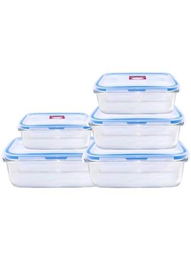 FEELINGS 5 pieces Glass Storage Food Container, (Rectangular - 380+620ml+980ml) + (square 380ml x 2pcs set) Storage Clear Lid, Glass Food Storage Containers, Glass Containers