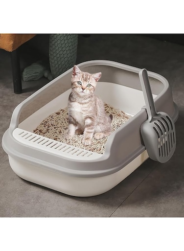 DUKASOU Large Open Cat Litter Box, Anti-Splash Cat Toilet with Litter Cleaning Scoop Waste Box, Cat Sandbox and Deodorizing Cat Pan Litter Tray, Kitten Potty Training