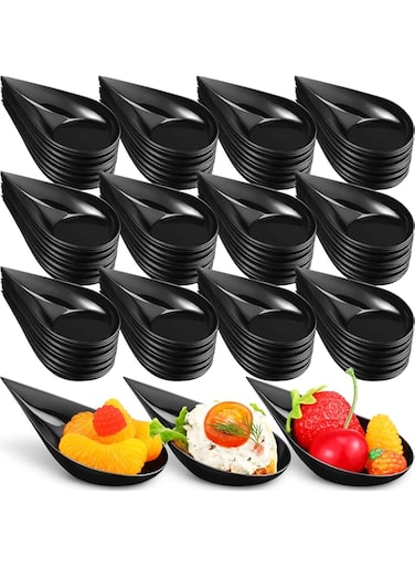 300 Pcs 4 Inch Tear Drop Mini Appetizer Plates Plastic Spoons Catering Supplies Small Mini Spoons Tasting Spoons Appetizer Dishes Mini Dessert Bowls Dessert Spoons Disposable Spoons for Party (Black)