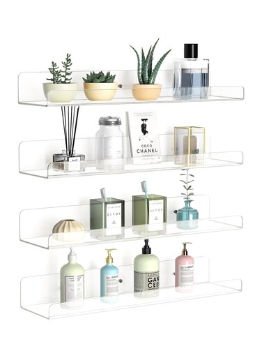Clear Acrylic Floating Shelves, Wall Mounted 4 Pack 15'' Invisible Acrylic Shelf Ledge Display, Sturdy Nursery Kids Bookshelves Storage Organizer for Bathroom, Bedroom, Living Room Funko Pop