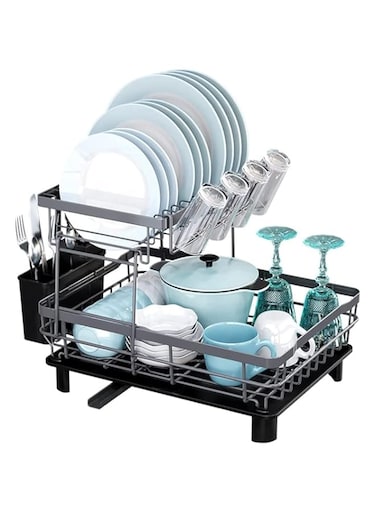 MedMad Dish Drying Rack, 2 Tiers Large Kitchen Dish Rack With Drainer, Removable Utensil Holder and Cup Holder, Stainless Steel Dish Drainer Dish Drying Rack Dish Stand (Grey)