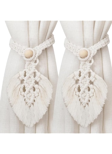 Tassel Curtain Tiebacks, Decorative Crochet Rope Wall Hanging, 2-Piece Set, Beige