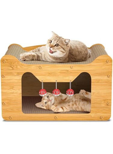 ikeoat Cat Scratcher House, Cat Cardboard Box with 2 PCS Cat Scratch Pads, Sofa Shaped Scratcher Cat Toy for Indoor Cats, Easy to Assemble