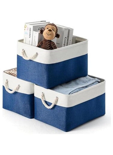 3 Pack Rectangular Collapsible Baskets with Handles, Fabric Storage Baskets for Shelves,Canvas Storage Baskets for Closet, for Toys,Books,Gifts (White&amp;Blue)