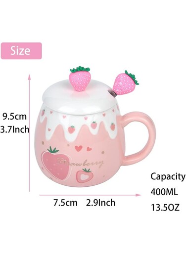 Mug, Cute Strawberry Mugs with Lid Strainer Spoon, Gifts for Women, Ceramic Coffee Mugs, 15oz Tea Cup for Milk hot chocolate for Girls Student Korean Style Birthday Gift