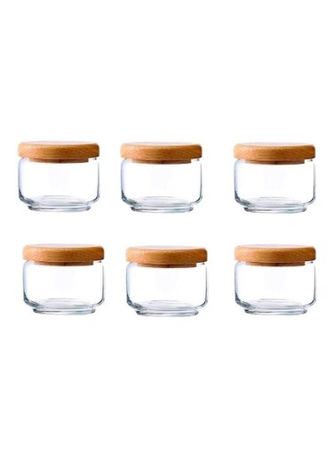 6-Piece Pop Jar Set With Wooden Lid Clear/Brown 500ml