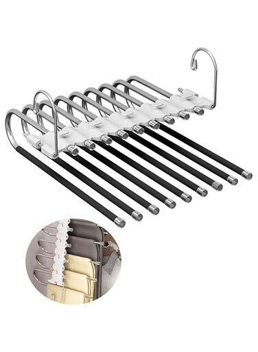Maykela 9 Layers Pant Hangers Space Saving,Stainless Steel Clothes Pant Closet Hanger Organizer with Hooks for Pants Jeans,Multifunctional Pant Hanger (Black)