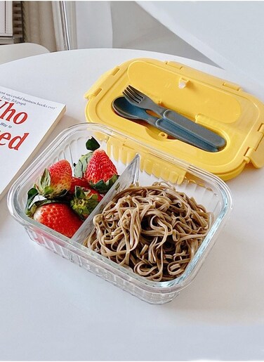 Glass Food Storage Containers 2 Compartment Lunch Box BPA-Free Sandwich and Salad Bento Box Microwave Oven Dishwasher Safe Yellow