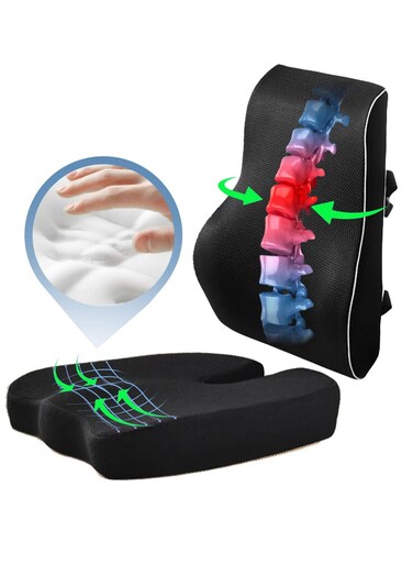 Advanced Portable Ergonomic Seat Cushion and Lumbar Support Pillow Set with Extra Large Memory Foam Back Support Pillow Cushion for Car Office Computer Chair Wheelchair