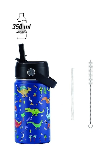 Kids Insulated Water Bottle with Straw &amp; Handle - 350ML BPA-FREE Stainless Steel Travel Tumbler Double Wall Vacuum Leak Proof Kids Cup Metal Thermos Flask for School Boys Girls - Dinosaur