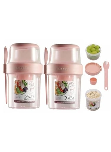 2Pcs Fruit and Vegetable Container with Fork &amp; Salad Dressing Holder, Portable Cereal Cup Food Preservation Box Separated Two Compartments Oatmeal Nut Container for Work Travel, Pink 560ml