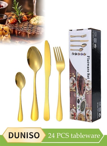 24 Pcs Stainless Steel Cutlery Set, Western Style Kitchen Utensil Set, Mirror Polished Tableware Set, With Knife, Fork, Spoon, Suitable For Family Dining, Kitchen&iuml;&frac14;&OElig;Gatherings,Gold