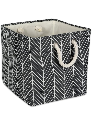 DII Polyester Container with Handles, Herringbone Storage Bin, Large Square, Black