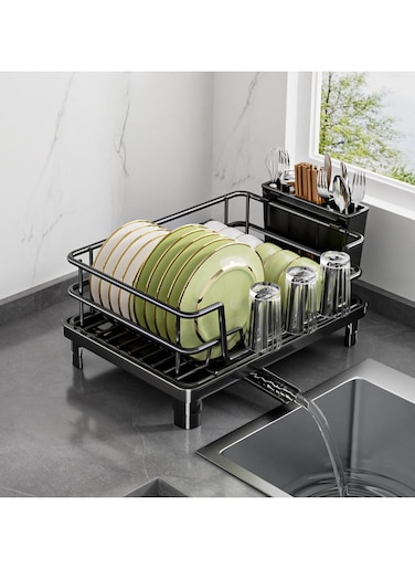 Single Layer Dish Drying Rack with 360&deg; Rotating Drain Spout, No Assembly Required, Sturdy Stainless Steel, Matte Finish, Cutlery Holder