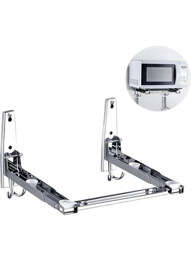 Universal Stainless Steel Microwave Oven Wall Mount Bracket with Removable Hooks, Arm Adjustable Foldable Kitchen Stretch Oven Stand Shelf Rack Load 100LB