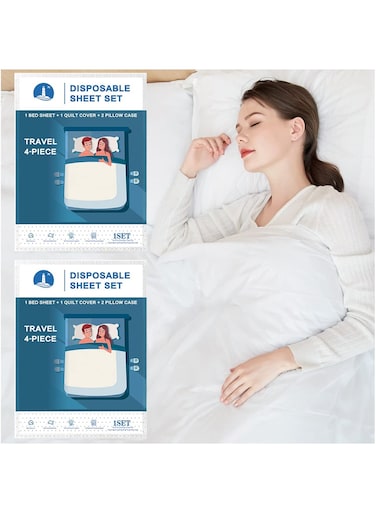 Sets of Portable Disposable Bedding: Travel-Ready 4-Piece Double Set with Bed Sheets, Quilt Cover, and Pillowcase for Convenient Travel Use.