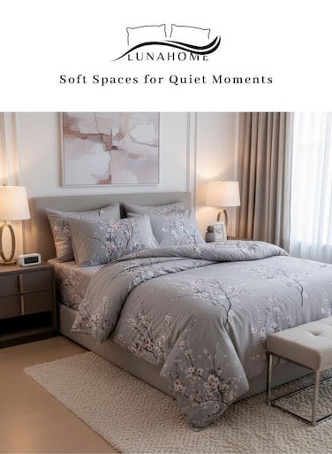 Home Queen Size 6 Piece 1 Duvet cover - 200*230cm. 1 Flat sheet - 230*250cm. 4 Pillow covers - 50*75cm. Duvet Cover Set Grey Plum Blossom Bedding Set.