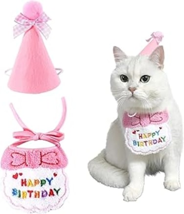 Lonimia Dog Cat Birthday Hat Scarf Set,Cute Pet Birthday Party Supplies Decoration Set,Embroidered Birthday Gift for Girls Boys Kitten Dog (pink)