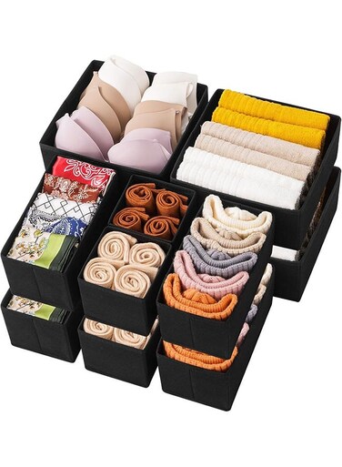 12 Pack Drawer Organizers for Clothing, Dresser Drawer Organizer Clothes, Fabric Foldable Closet Organizers and Storage Basket Bins for Clothes, Underwear, Bras, Socks (Black)