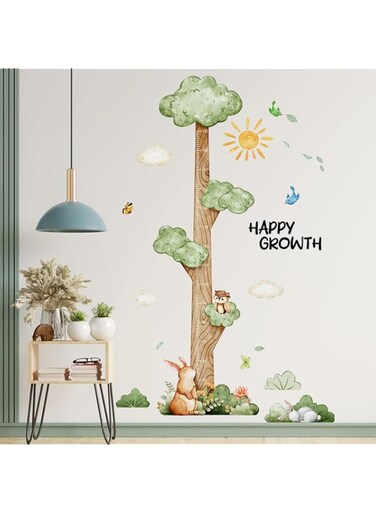 3D Cartoon Height Growth Chart Removable Jungle Animals Plants Peel and Stick Wall Decals Sun White Clouds Kids Room Decor