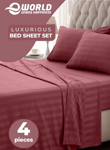 4-Piece Luxury Maroon Striped Bedding Set Includes 1 Regular Bedsheet, 1 Fitted Bed Sheet, and 2 Pillow Cases for Ultimate Hotel-Inspired&Acirc;&nbsp;Sophistication in King, Queen and Single Sizes