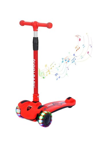 COOLBABY Kid's Scooter 3 Wheels Big Pedal Foldable Kick Scooter With Music, Height Adjustable With Led Light Wheels, Red