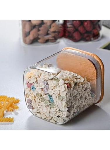 Mash 6-Piece Kitchen Food Storage Square Glass Canister Jar With Airtight Bamboo Lid For Cereals, Pasta, Tea, Coffee, Snacks, And Spices - 800 ML Transparent