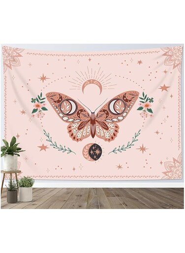 Tazweeq Pink Butterfly Tapestry, Floral Plant Botanical Tapestries, Wall Hanging Bohemia Mandala Tapestry, Trippy Star Moon Tapestry, for Bedroom Living Room Party Wall Decor(51"&times;59")