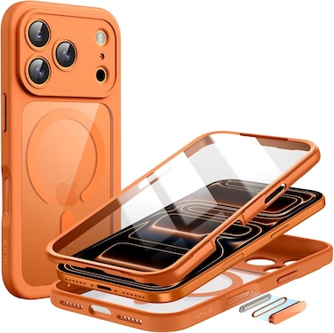 Case for iPhone 17 Pro Max 6.9-Inch with Built-in Tempered Glass Screen Protector and Camera Control Button, Compatible with MagSafe, 360 Degree Full Body Cover (Orange)