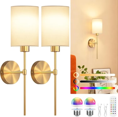 Battery Operated Wall Sconces Set of 2, Rechargeable Wireless Wall Lights with Remote &amp; White Fabric Shade, Indoor Not Hardwired Dimmable Wall Lamps for Bedroom, 2 Bulbs