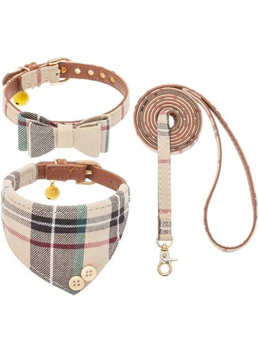 EXPAWLORER Bow Tie Dog Collar and Leash Set Classic Plaid Adjustable Dogs Bandana and Collars with Bell for Puppy Cats 3 PCS (Small, Cream)