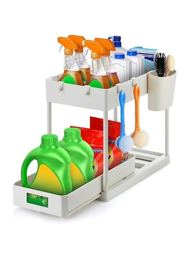 OneLine Under Sink Storage, Kitchen Bathroom Cabinet Organizer, 2 Tier Sliding Drawer, Counter Organization Shelf Rack with Hooks (White)