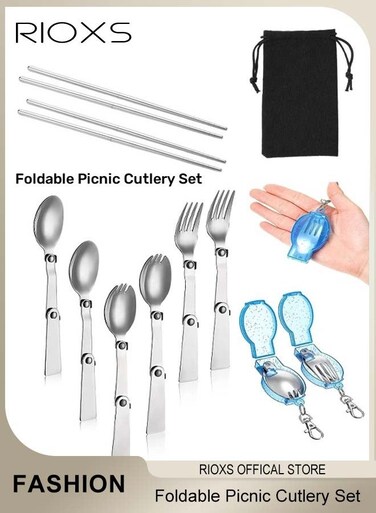 Foldable Picnic Cutlery Set Stainless Steel Cutlery Set Portable Utensils Set Travel Camping Picnic Travel Utensils with Storage Bag