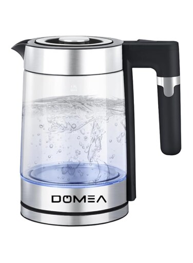 DOMEA Electric Glass Kettle, 1.8 Litre, 360&deg; Rotational Cordless Electric Jug With Detachable Power Base, LED Illumination, Auto Cut-off Function, 1500 W, For Home &amp; Office, 2 Year Warranty