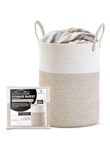 FLAIRBLISS Cotton Rope Woven Laundry Basket, 60L Dirty Clothes Rope Hamper, Laundry Hamper Basket for Blanket Storage, Large Baby Nursery Hamper for Laundry, Woven hamper for Bedroom (Tall)