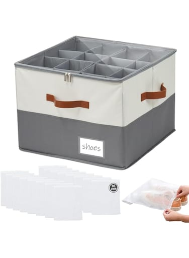 Shoe Storage Box with 16 Shoe Bags,TINY SPARK Adjuistable Shoes Organiser,Large Foldable Shoe Boxes with Clear Cover for Closet Storage with Leather Handles, Fits 8-16 Pairs,Black+Beige,43*43*31cm
