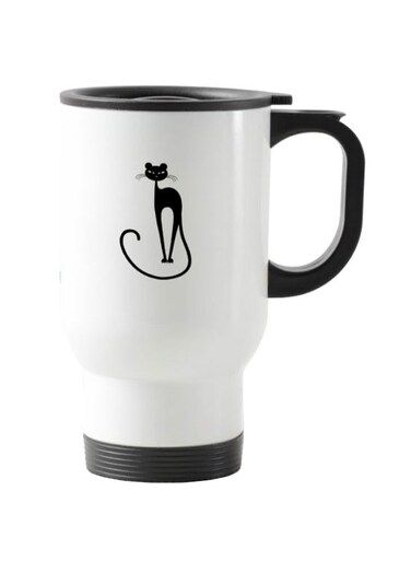 Stylish Cat Printed Travel Mug White 13centimeter