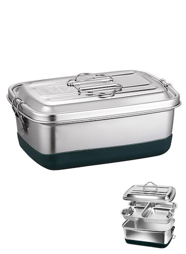 2000ml Bento Box, Stainless Steel Lunch Box Container 3 grids, Double Layer Metal Lunch Container Anti-skid Leak-proof For Adult Work School Portable Dishwasher