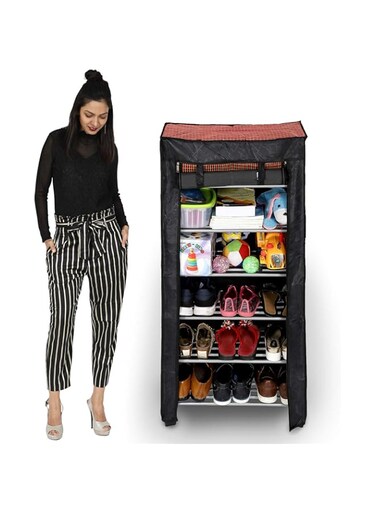 Happer Premium 6-Tiers Shoe Rack / Multipurpose Storage Rack With DUStproof Cover And Rotating Wheels, Dolphin (Check Print, Multicolor)