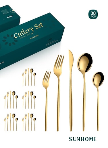 30-Piece Stainless Steel Cutlery Set Kitchen Utensil Set Western Tableware Suitable For Home Kitchen Restaurant Hotel Party Dining Picnic Dining Exquisite Packaging Gift Gold