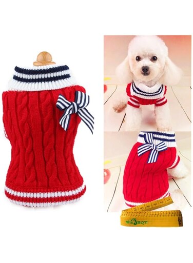 Pet Dog Sweater Knitted Braid Plait Turtleneck Navy Style Bowknot Knitwear Outwear for Dogs &amp; Cats (Red, M)