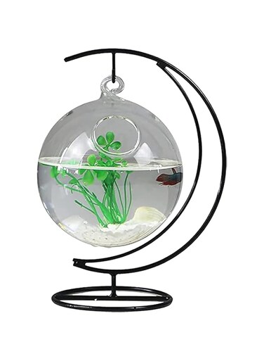 CHJGLNL Desktop Hanging Glass Fish Tank Mini Table Aquarium Glass Betta Fish Bowl Clear Fish Cylinder Bowl with Iron Stand for Office Home Decor
