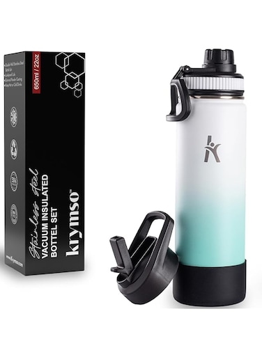 KRYMSO, 650ml Insulated Water Bottle with Straw, Double wall Stainless Steel Thermos Flask, Leak Proof, Silicone Boot, Stickers for kids Bottle, Sports, School, Gym (Ocean Breeze, 650ml / 22oz)