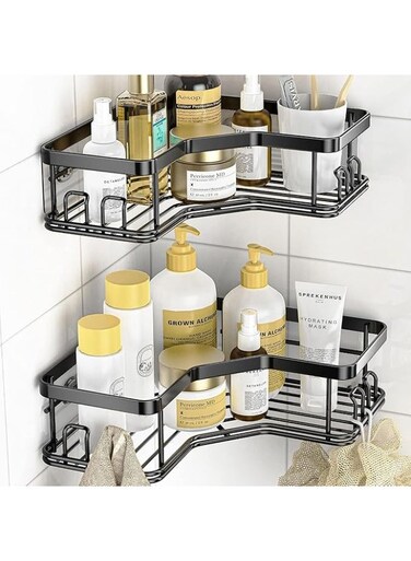 Self Adhesive Corner Shelf 2 Pack, No Drill Bathroom Kitchen Wall Organizer, Magic Sticker Mount Triangle Storage Rack - Black