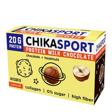 Chikalab, Sport Protein Chocolate, Milk Chocolate with Hazelnuts, Box of 4