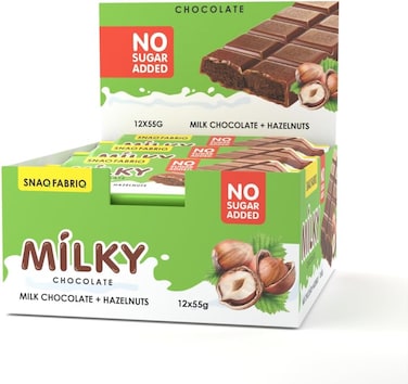 Snaq Fabriq Milk Chocolate With Hazelnut Filling, No Added Sugar, Low Calorie Chocolate, Perfect For On-The-Go And Healthy Snacking, 55g (Box of 12)
