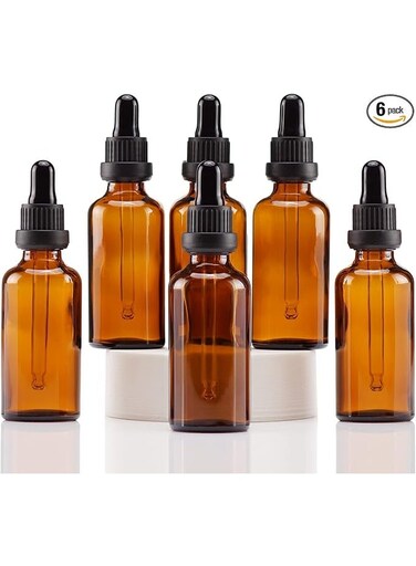 Pack of 6 Amber Dropper Bottles with Glass Eye Droppers &acirc;&euro;&rdquo; Refillable UV-Protective Glass Bottles for Essential Oils, Cosmetic, Laboratory, Pharmacy, Liquids Skincare, Aromatherapy, Beard Oil, Perfume.